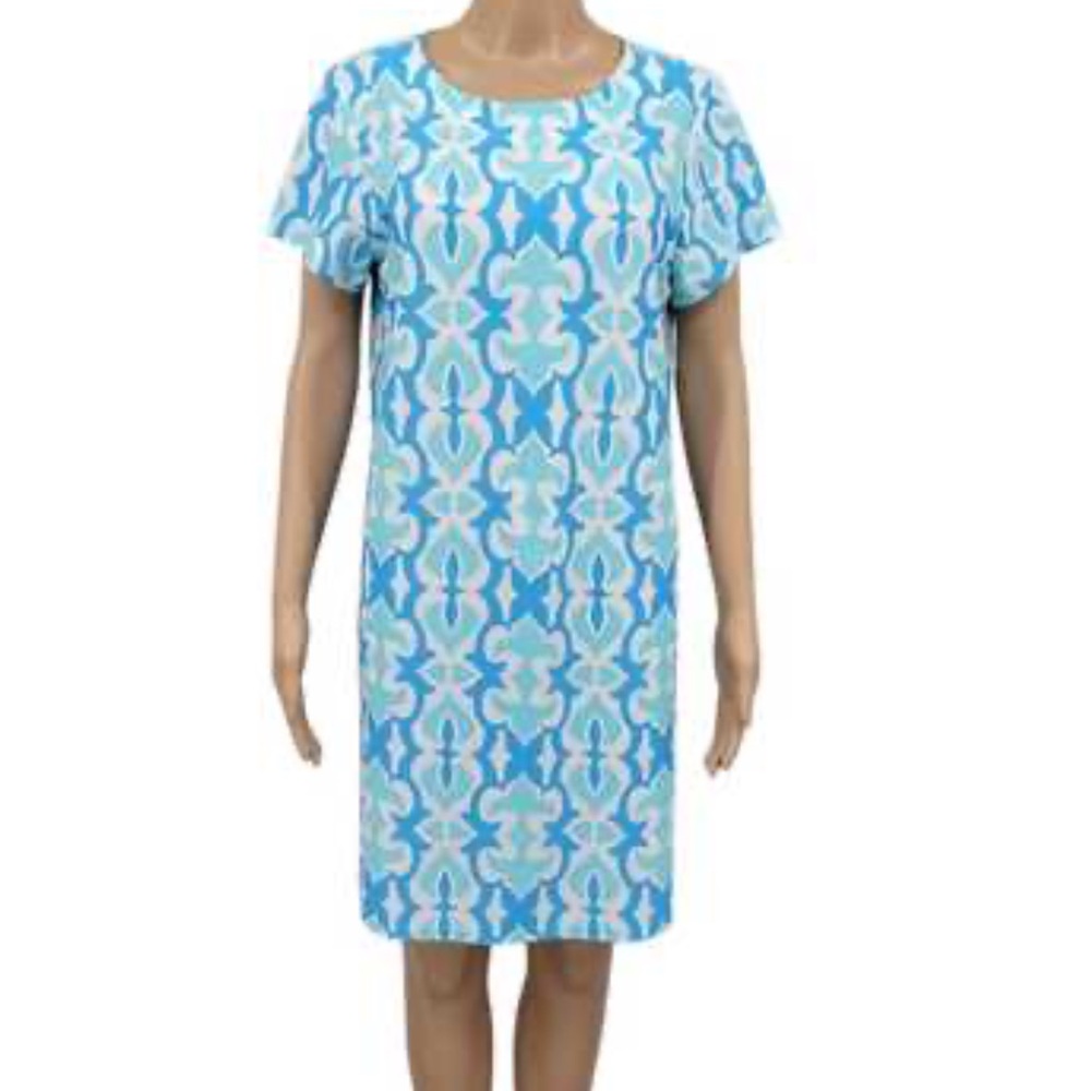 Jude Connally Ella Aqua Print Dress Boat Neck Short‎ Sleeves $188 Tropical Sz M